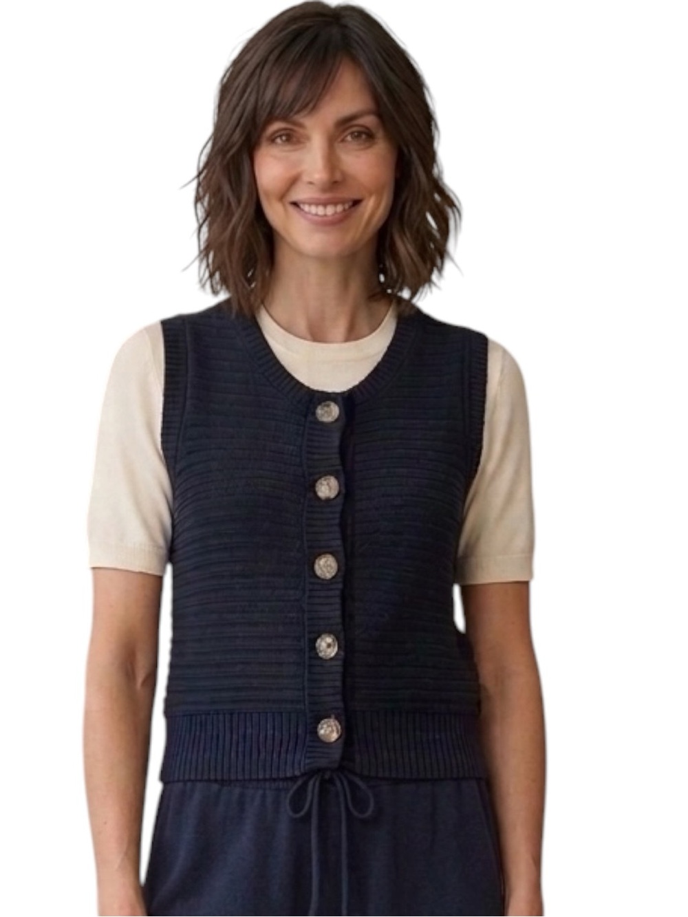 Magaschoni Cotton Knot Button Sweater Vest Tank Navy Blue NWT